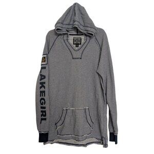 Lake Girl Pinstripe Hoodie Womens Size Medium Navy Blue Striped Sweatshirt